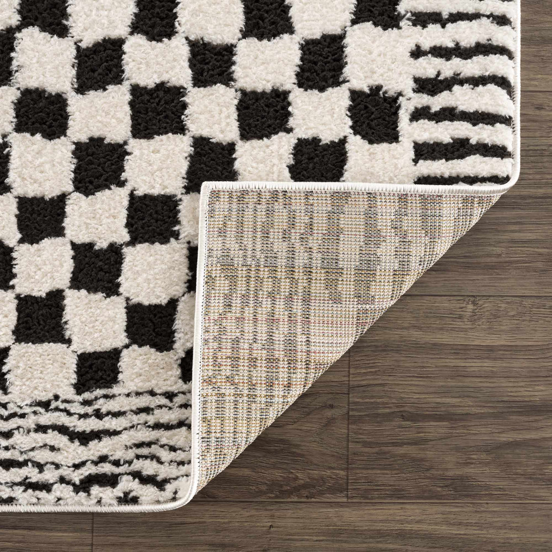 Modern Geometrical Ivory and Black Checkered Plush Pile Moroccan Style Area Rug - The Rug Decor