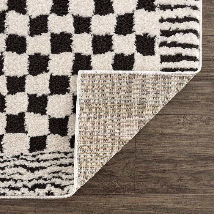 Modern Geometrical Ivory and Black Checkered Plush Pile Moroccan Style Area Rug - The Rug Decor