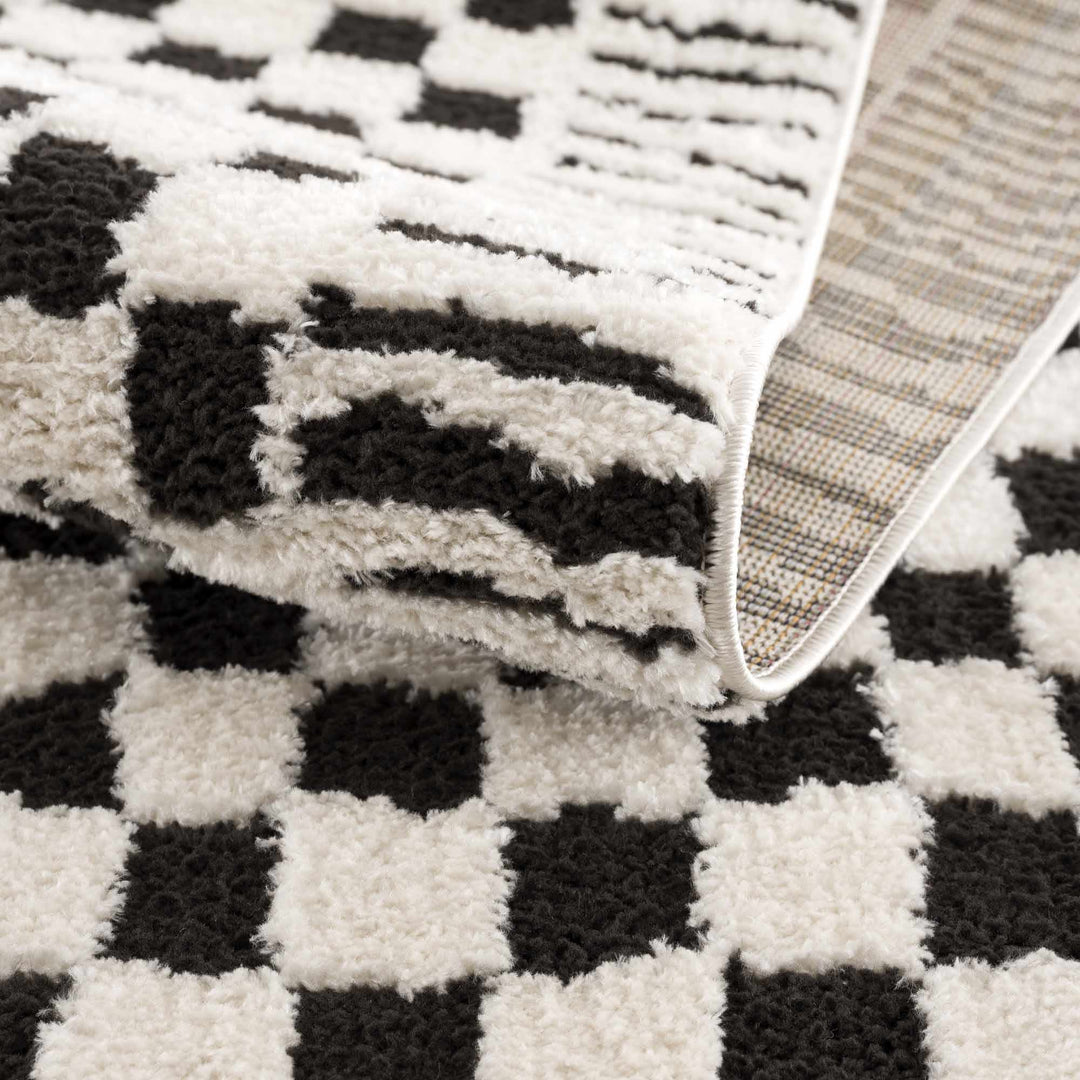 Modern Geometrical Ivory and Black Checkered Plush Pile Moroccan Style Area Rug - The Rug Decor