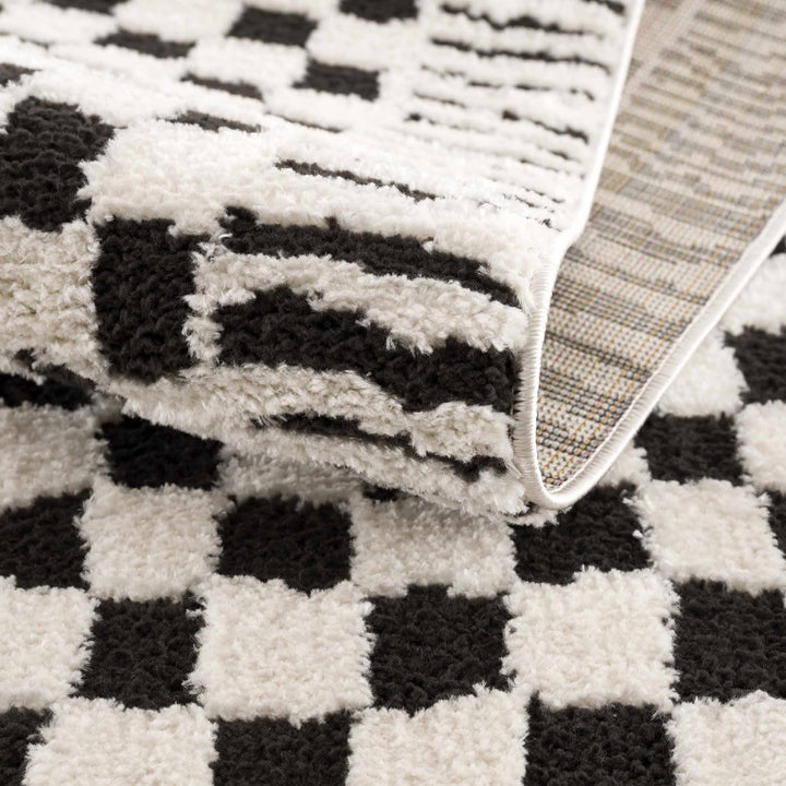 Modern Geometrical Ivory and Black Checkered Plush Pile Moroccan Style Area Rug - The Rug Decor