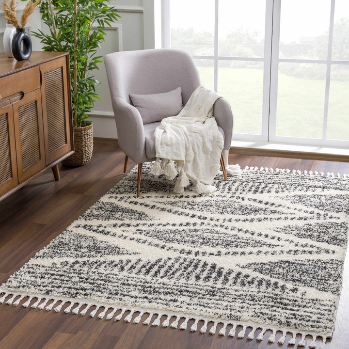 Modern Geometrical Ivory and Charcoal Plush Pile Moroccan Style Area Rug - The Rug Decor