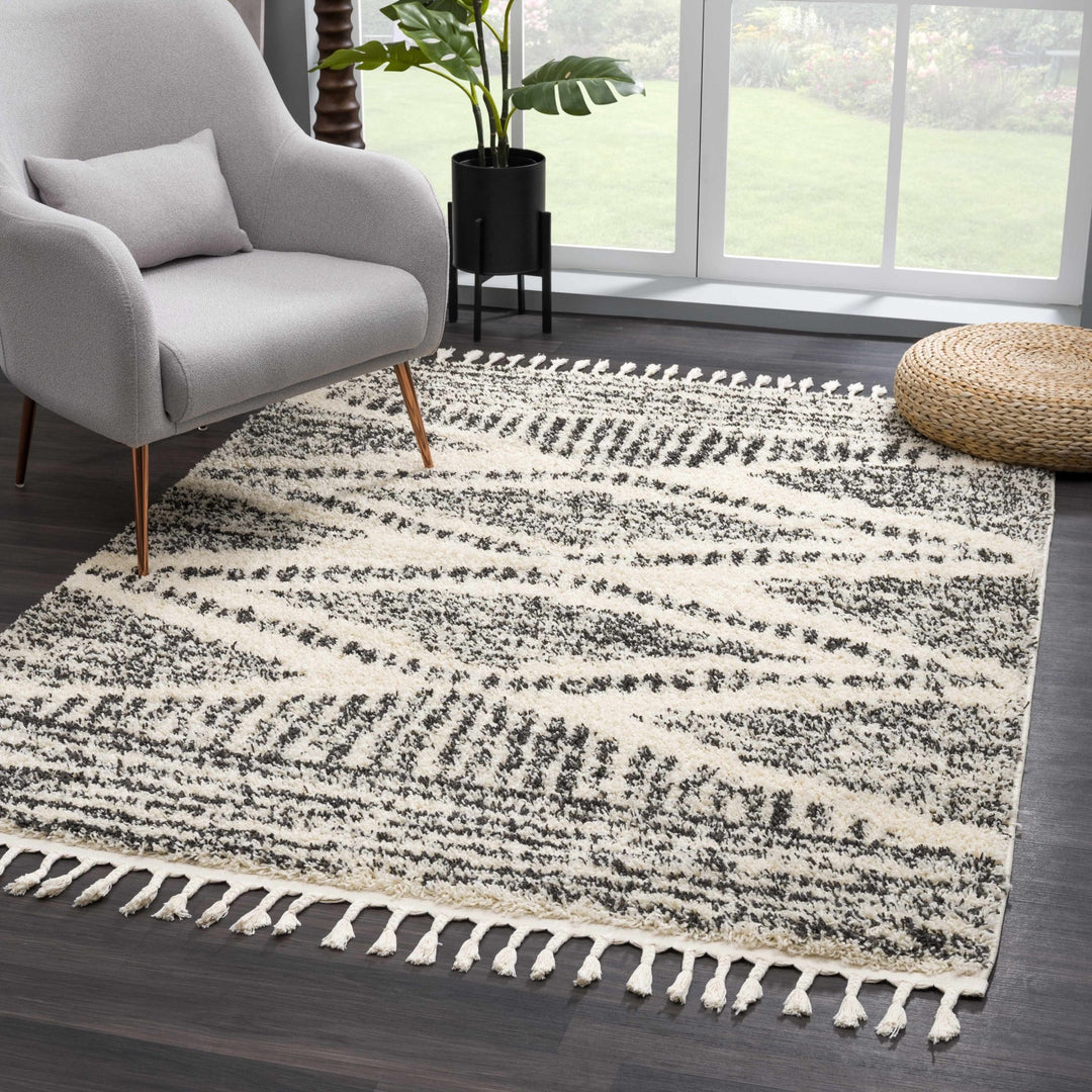 Modern Geometrical Ivory and Charcoal Plush Pile Moroccan Style Area Rug - The Rug Decor