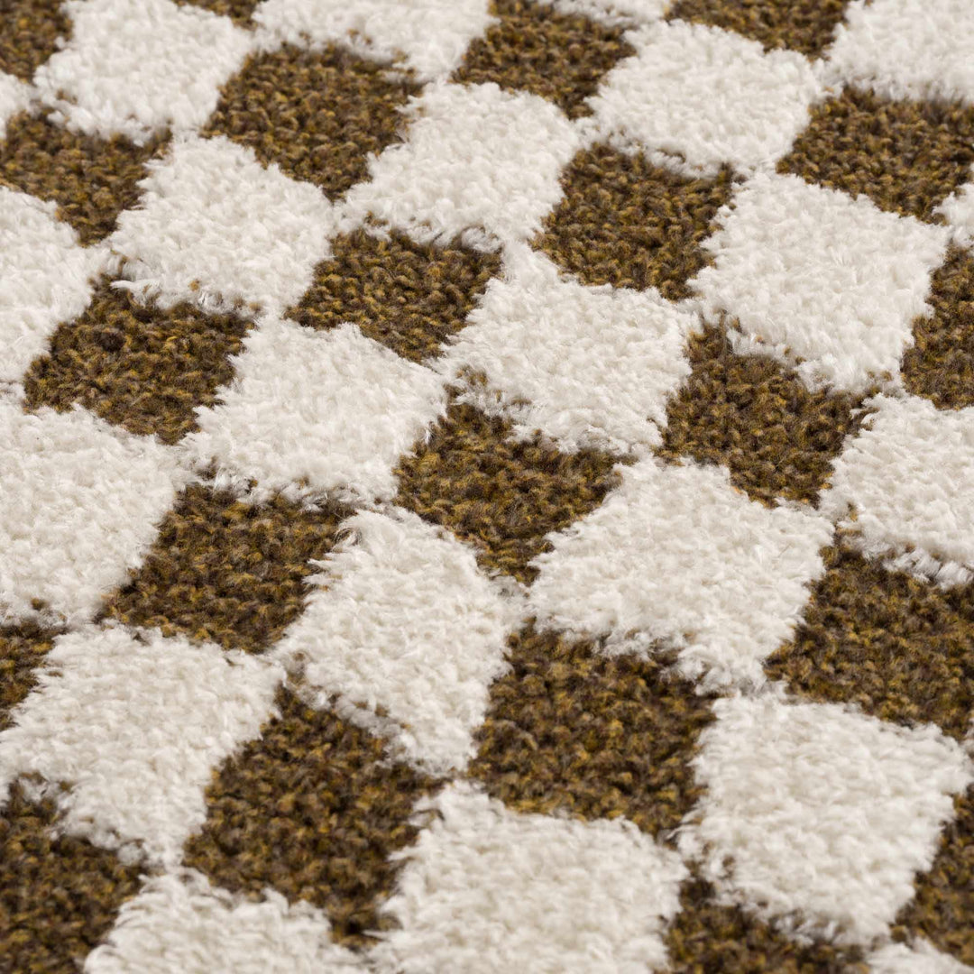 Modern Geometrical Ivory and Olive Checkered Plush Pile Moroccan Style Area Rug - The Rug Decor