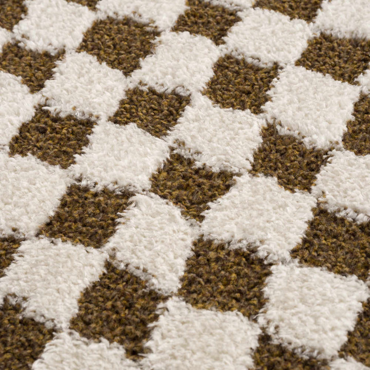 Modern Geometrical Ivory and Olive Checkered Plush Pile Moroccan Style Area Rug - The Rug Decor