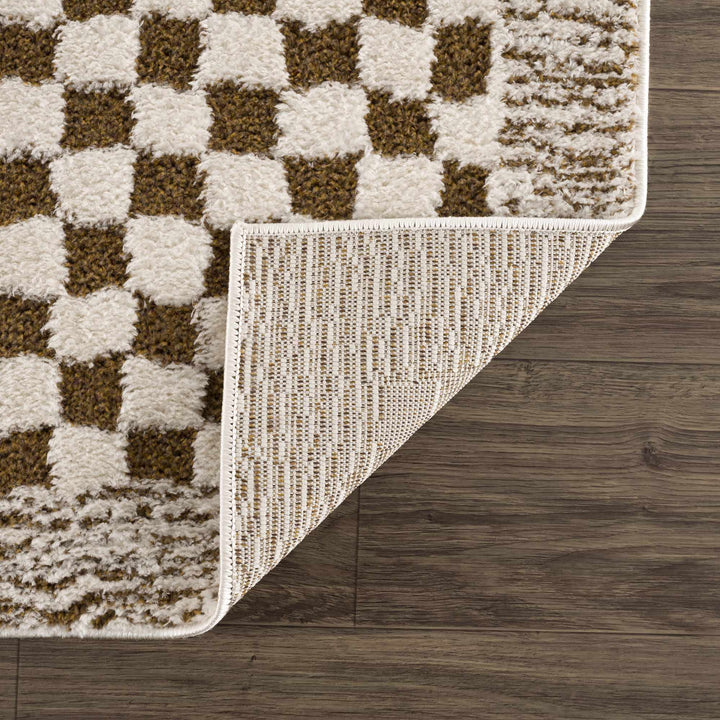 Modern Geometrical Ivory and Olive Checkered Plush Pile Moroccan Style Area Rug - The Rug Decor