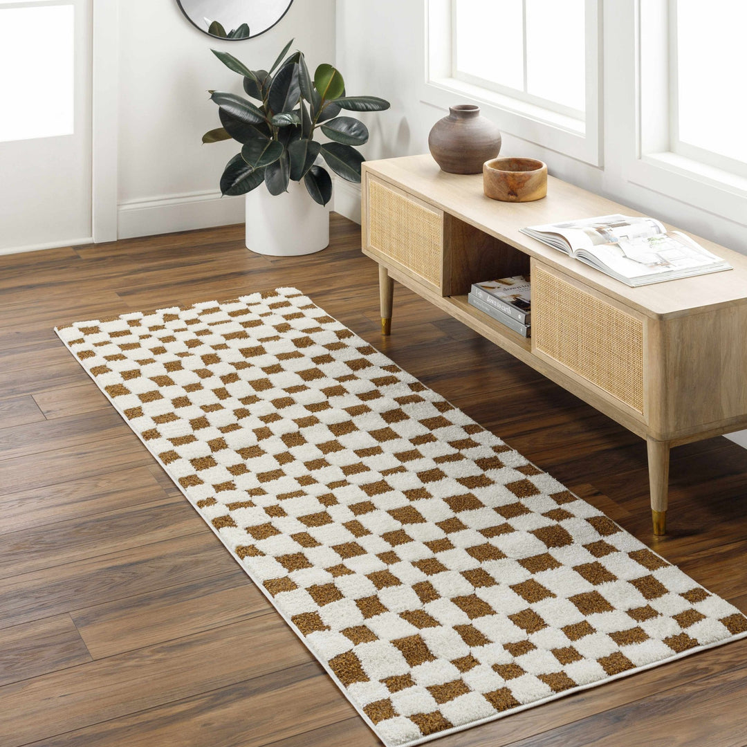 Modern Geometrical Ivory and Olive Checkered Plush Pile Moroccan Style Area Rug - The Rug Decor