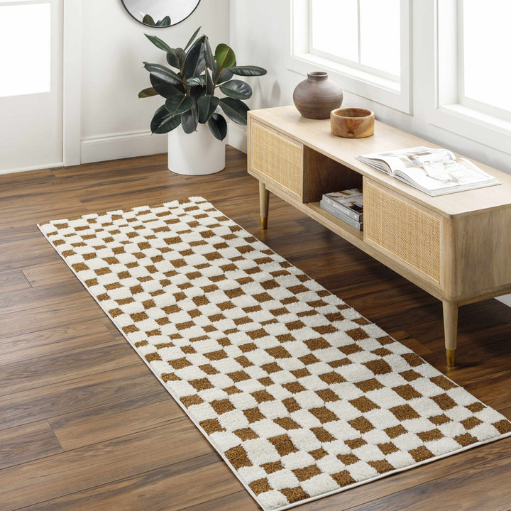 Modern Geometrical Ivory and Olive Checkered Plush Pile Moroccan Style Area Rug - The Rug Decor