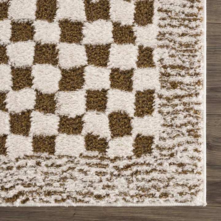 Modern Geometrical Ivory and Olive Checkered Plush Pile Moroccan Style Area Rug - The Rug Decor