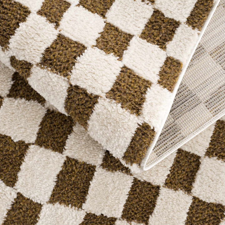 Modern Geometrical Ivory and Olive Checkered Plush Pile Moroccan Style Area Rug - The Rug Decor