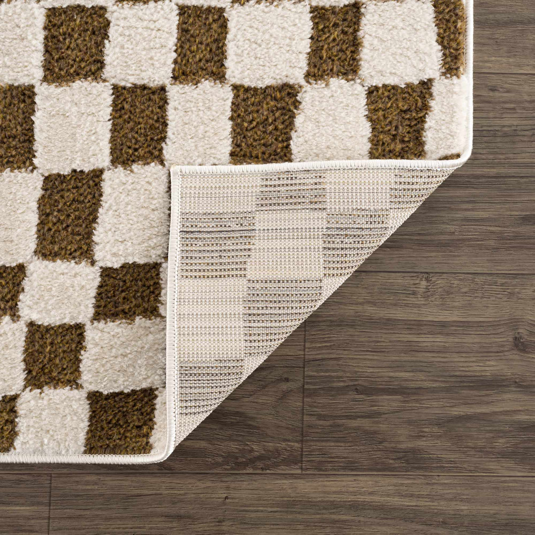 Modern Geometrical Ivory and Olive Checkered Plush Pile Moroccan Style Area Rug - The Rug Decor