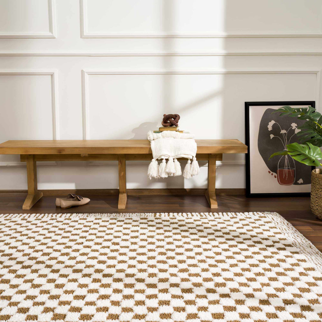 Modern Geometrical Ivory and Olive Checkered Plush Pile Moroccan Style Area Rug - The Rug Decor