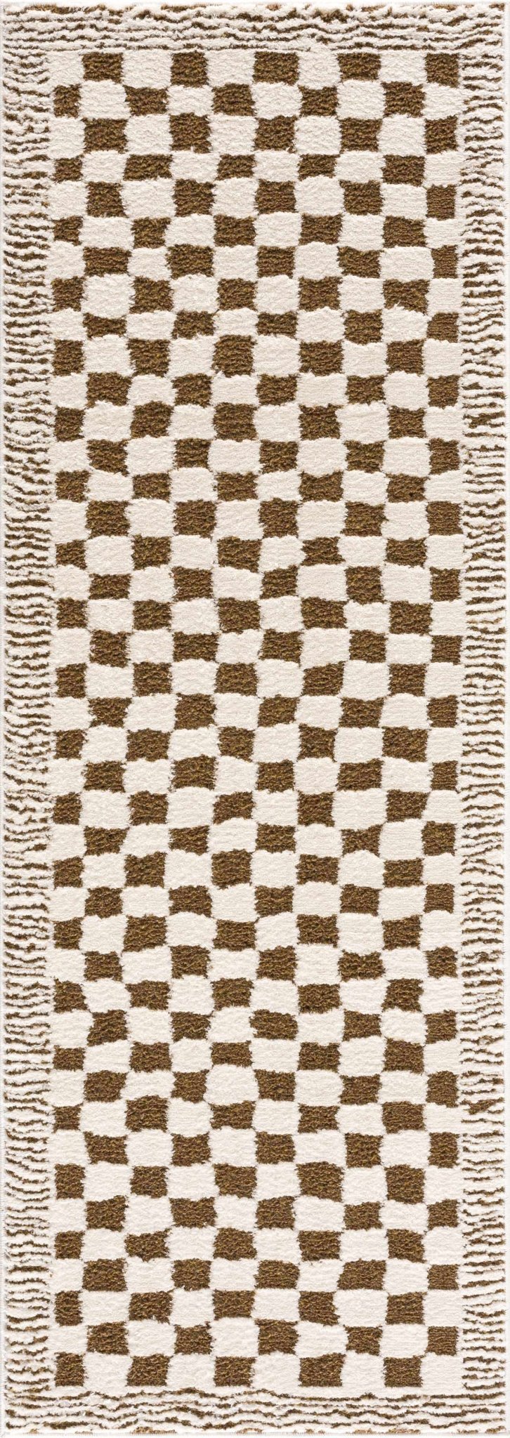 Modern Geometrical Ivory and Olive Checkered Plush Pile Moroccan Style Area Rug - The Rug Decor