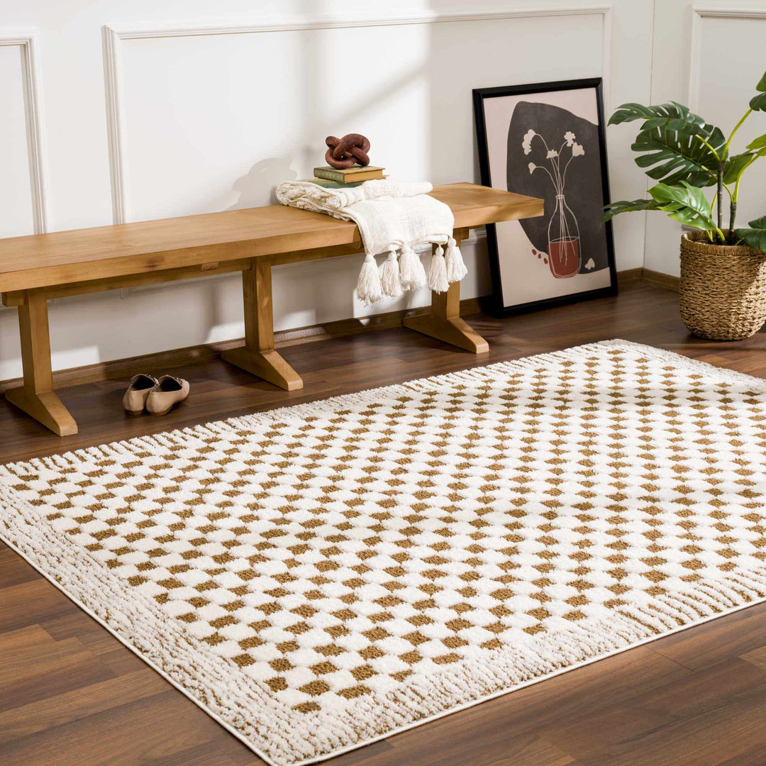 Modern Geometrical Ivory and Olive Checkered Plush Pile Moroccan Style Area Rug - The Rug Decor
