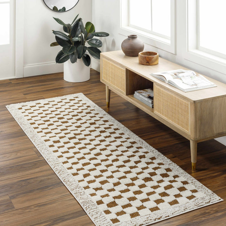 Modern Geometrical Ivory and Olive Checkered Plush Pile Moroccan Style Area Rug - The Rug Decor