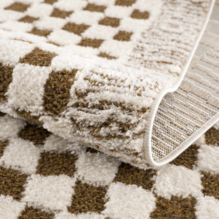 Modern Geometrical Ivory and Olive Checkered Plush Pile Moroccan Style Area Rug - The Rug Decor