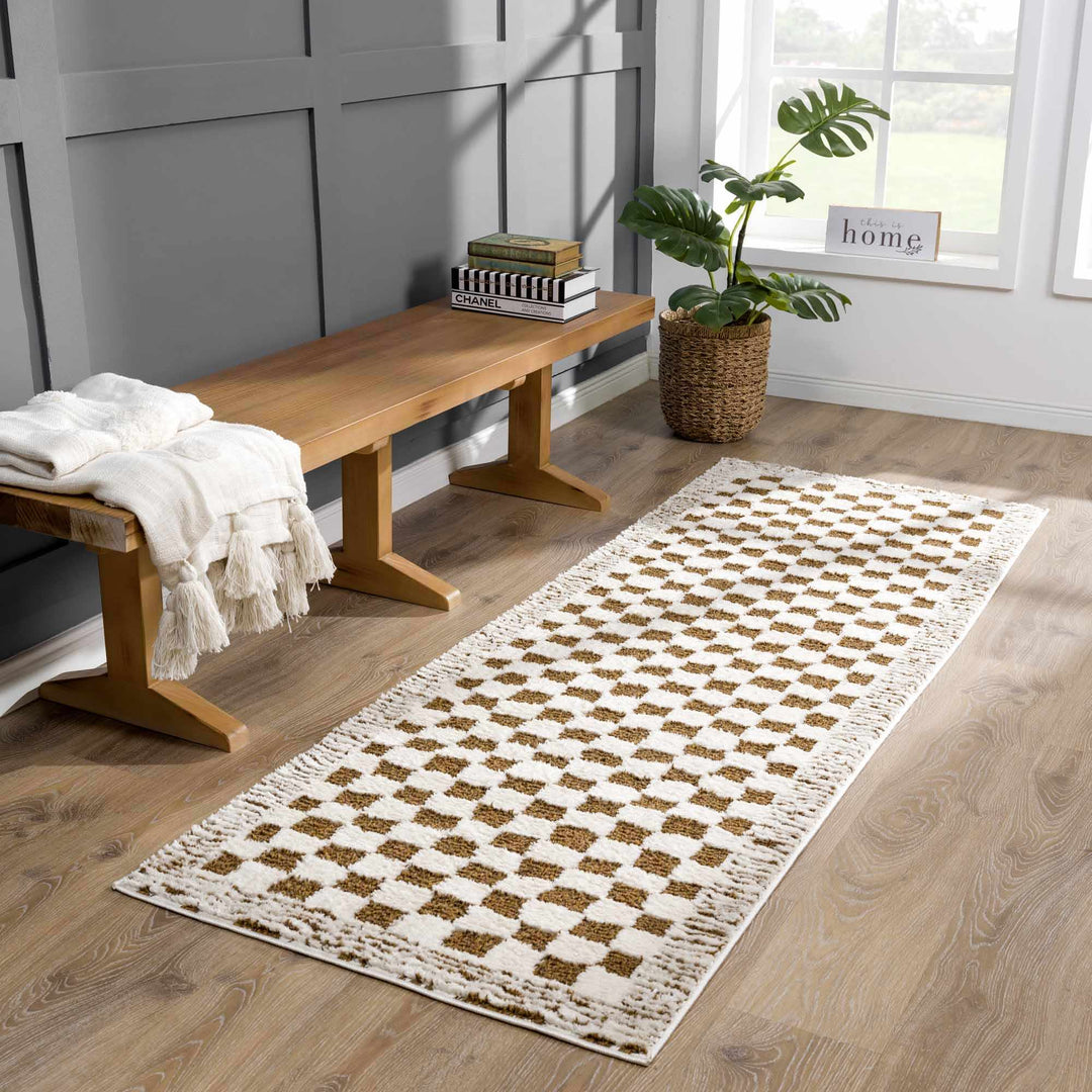 Modern Geometrical Ivory and Olive Checkered Plush Pile Moroccan Style Area Rug - The Rug Decor