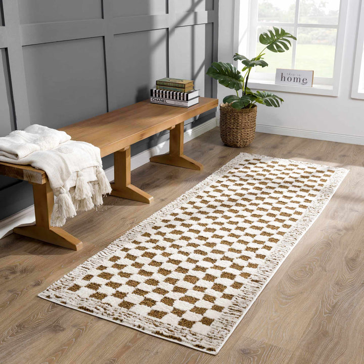 Modern Geometrical Ivory and Olive Checkered Plush Pile Moroccan Style Area Rug - The Rug Decor
