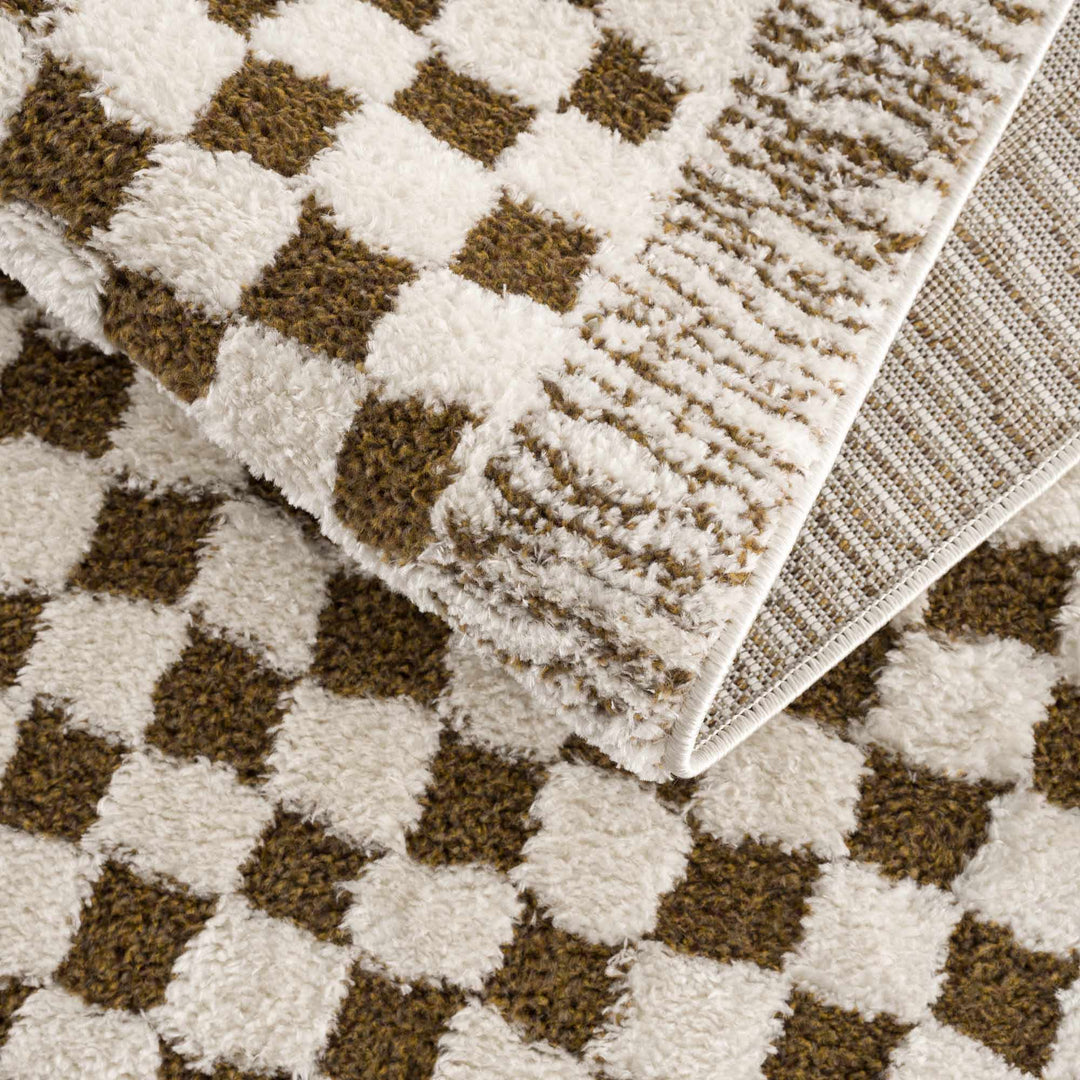 Modern Geometrical Ivory and Olive Checkered Plush Pile Moroccan Style Area Rug - The Rug Decor