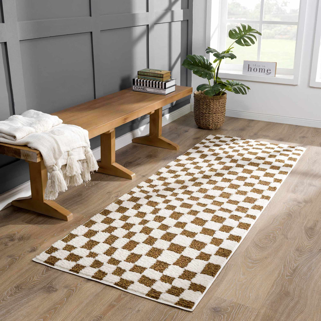 Modern Geometrical Ivory and Olive Checkered Plush Pile Moroccan Style Area Rug - The Rug Decor