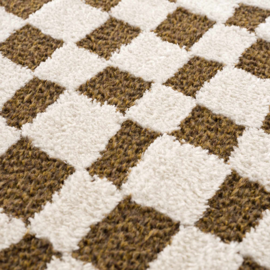 Modern Geometrical Ivory and Olive Checkered Plush Pile Moroccan Style Area Rug - The Rug Decor