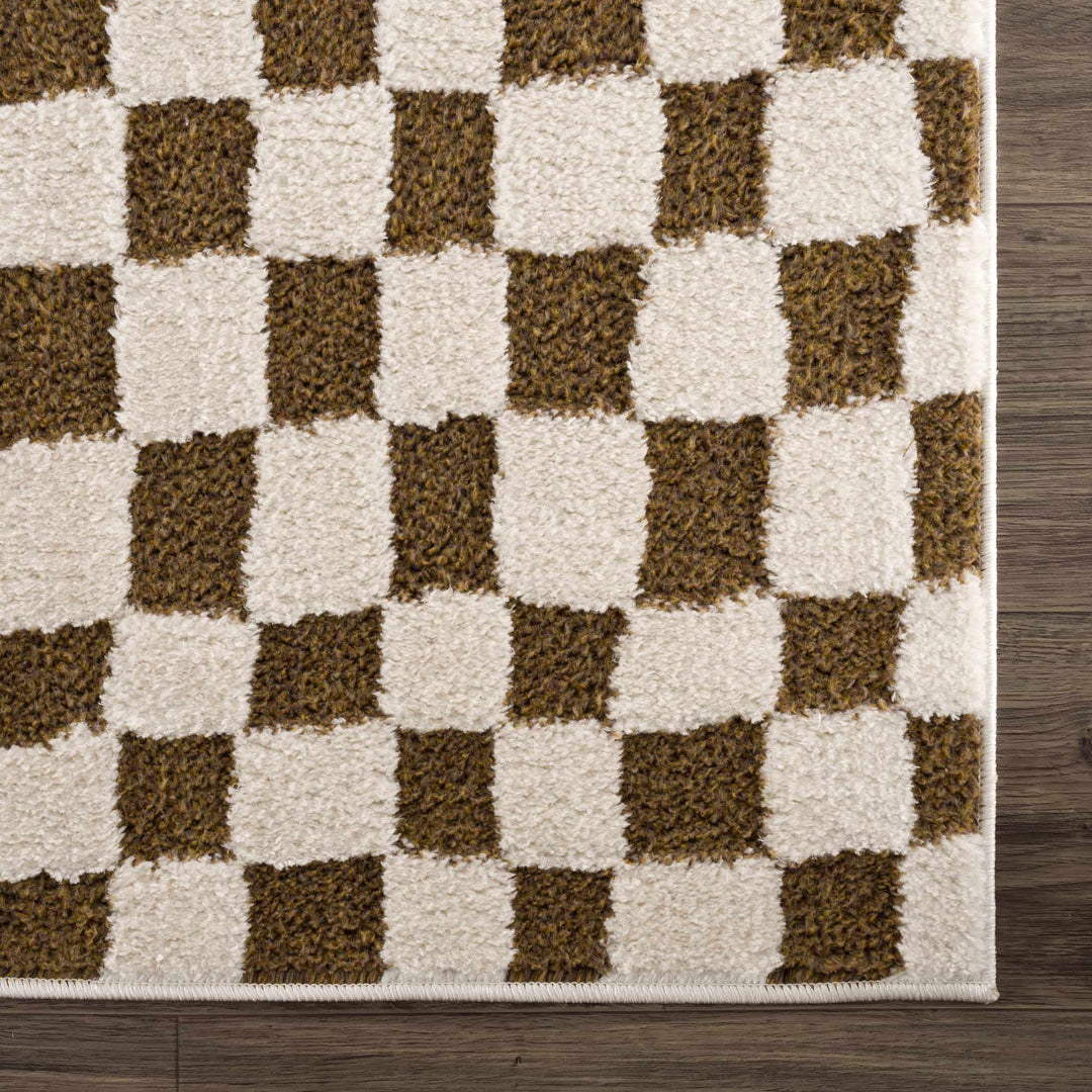 Modern Geometrical Ivory and Olive Checkered Plush Pile Moroccan Style Area Rug - The Rug Decor