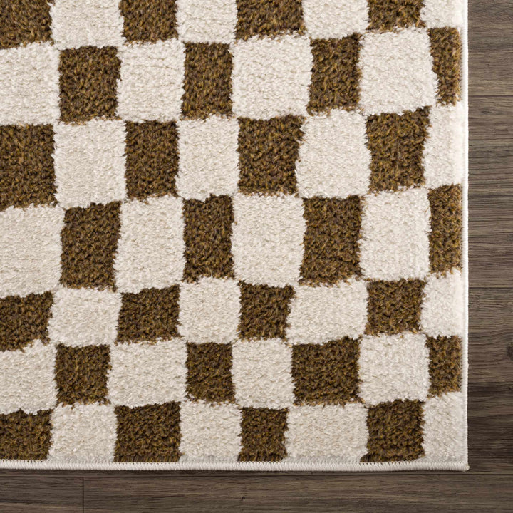 Modern Geometrical Ivory and Olive Checkered Plush Pile Moroccan Style Area Rug - The Rug Decor