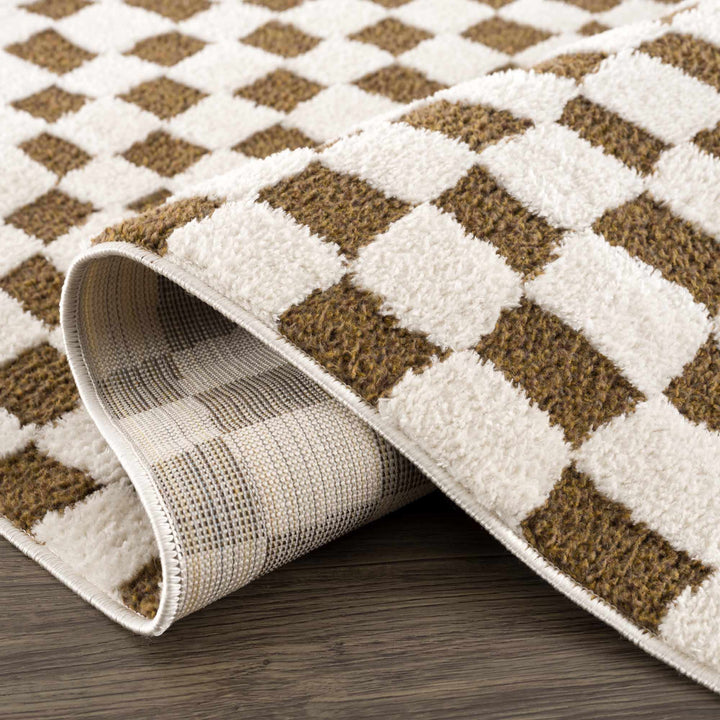 Modern Geometrical Ivory and Olive Checkered Plush Pile Moroccan Style Area Rug - The Rug Decor