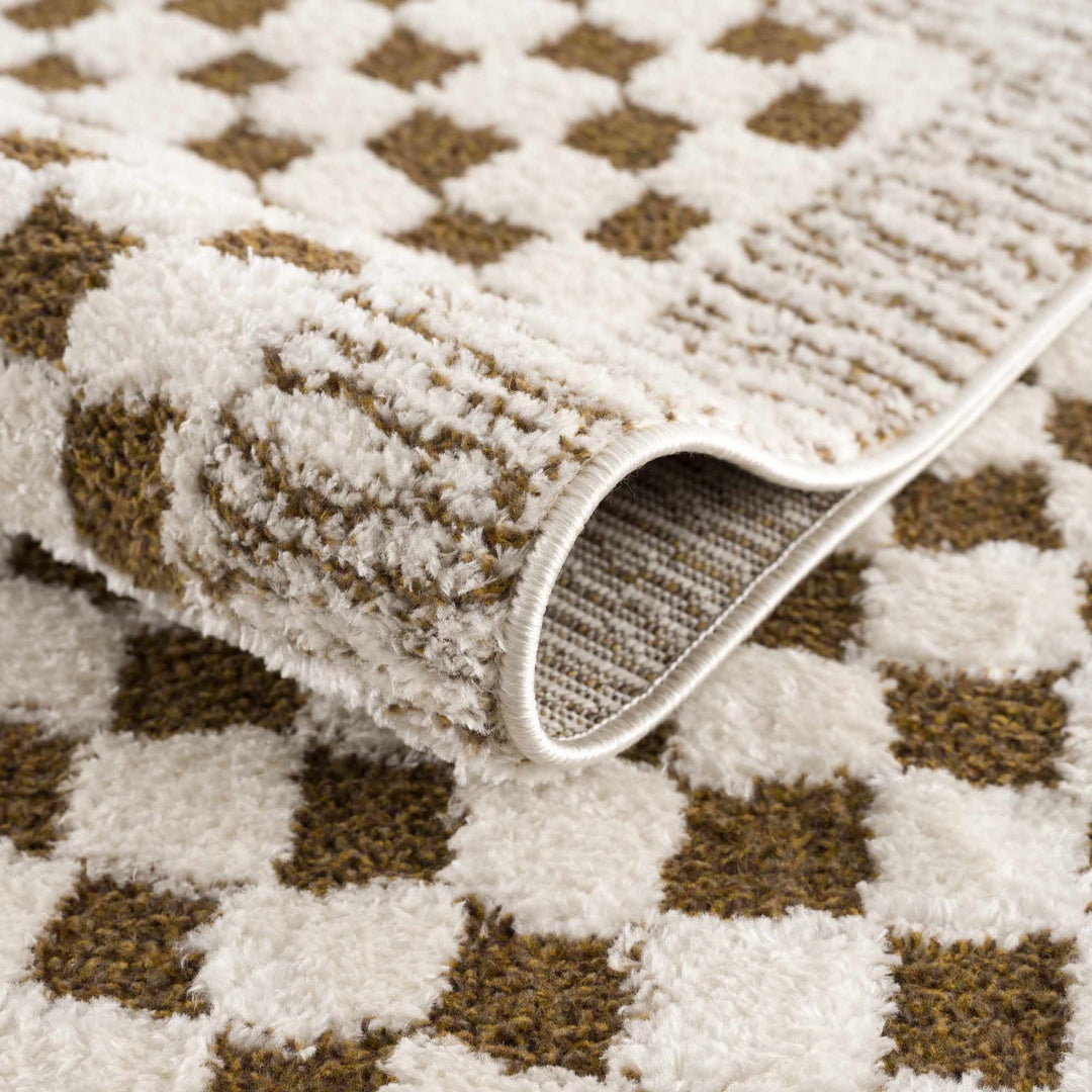 Modern Geometrical Ivory and Olive Checkered Plush Pile Moroccan Style Area Rug - The Rug Decor