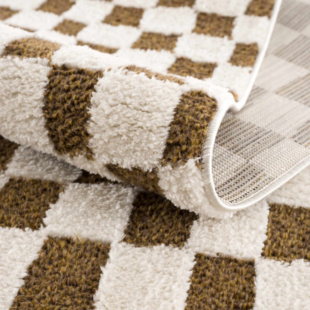 Modern Geometrical Ivory and Olive Checkered Plush Pile Moroccan Style Area Rug - The Rug Decor