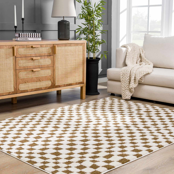 Modern Geometrical Ivory and Olive Checkered Plush Pile Moroccan Style Area Rug - The Rug Decor