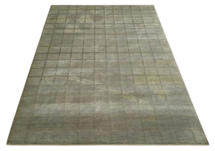 Modern Geometrical Ivory, Brown and Olive 5x8 Hand Knotted Wool and Silk Area Rug - The Rug Decor