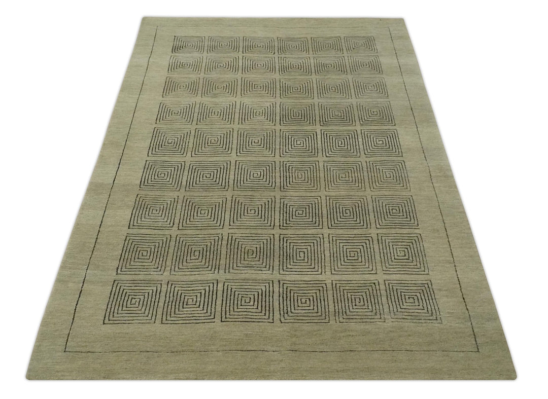 Modern Geometrical Olive and Charcoal Hand loom 5x7 Wool and Art Silk Area Rug - The Rug Decor