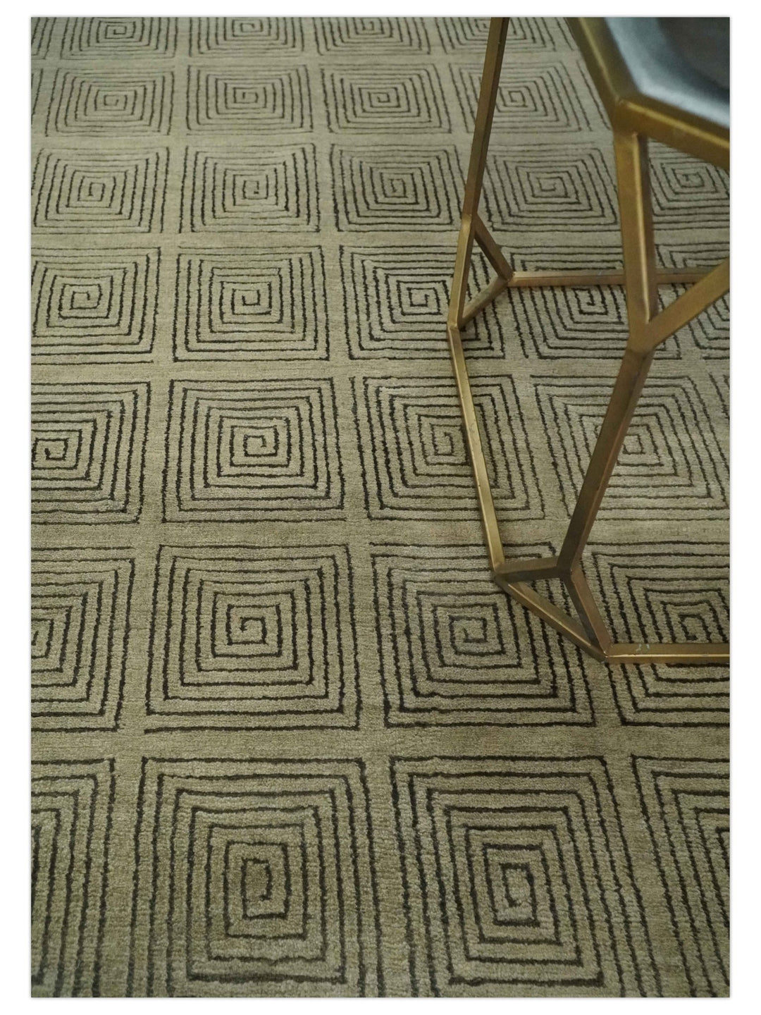 Modern Geometrical Olive and Charcoal Hand loom 5x7 Wool and Art Silk Area Rug - The Rug Decor