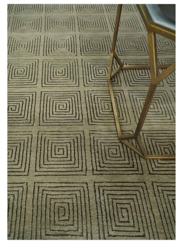 Modern Geometrical Olive and Charcoal Hand loom 5x7 Wool and Art Silk Area Rug - The Rug Decor