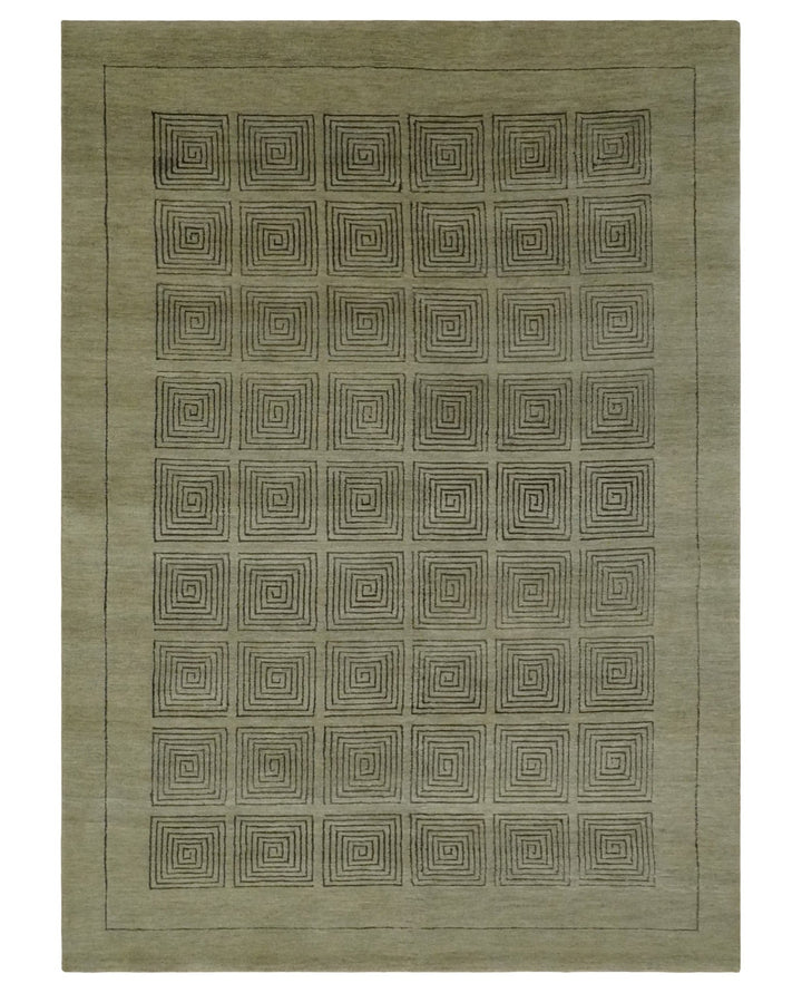 Modern Geometrical Olive and Charcoal Hand loom 5x7 Wool and Art Silk Area Rug - The Rug Decor
