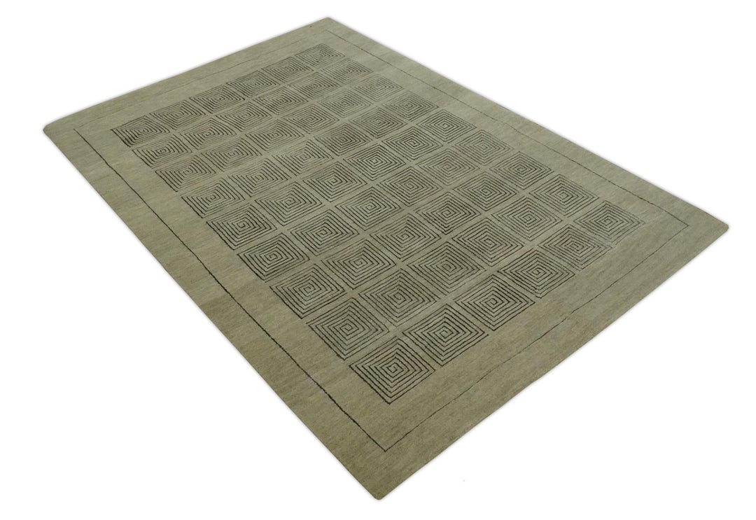 Modern Geometrical Olive and Charcoal Hand loom 5x7 Wool and Art Silk Area Rug - The Rug Decor
