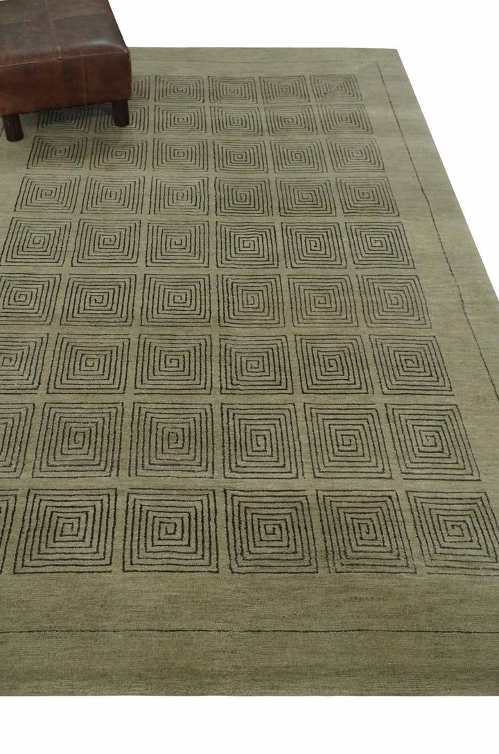 Modern Geometrical Olive and Charcoal Hand loom 5x7 Wool and Art Silk Area Rug - The Rug Decor