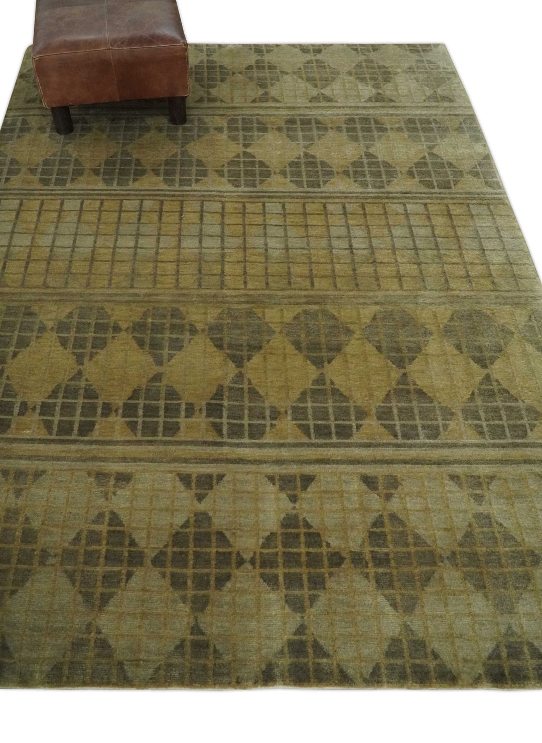 Modern Geometrical Olive, Charcoal and Silver Hand knotted 4.8x6.5 Bamboo Silk Area Rug - The Rug Decor