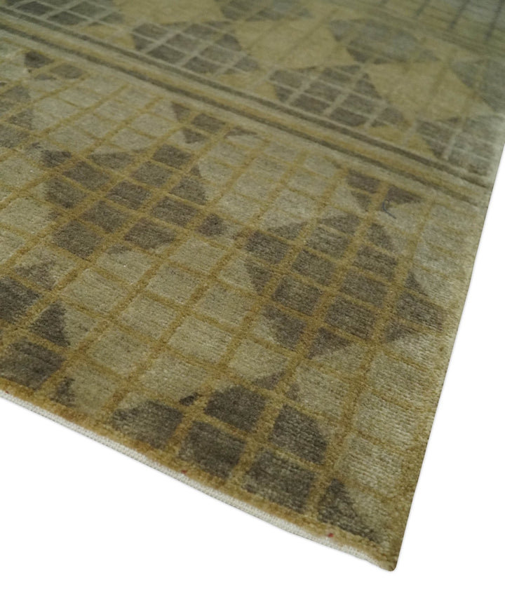 Modern Geometrical Olive, Charcoal and Silver Hand knotted 4.8x6.5 Bamboo Silk Area Rug - The Rug Decor