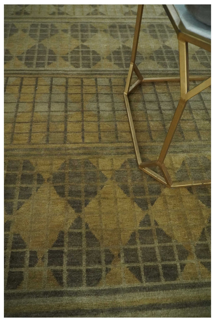 Modern Geometrical Olive, Charcoal and Silver Hand knotted 4.8x6.5 Bamboo Silk Area Rug - The Rug Decor