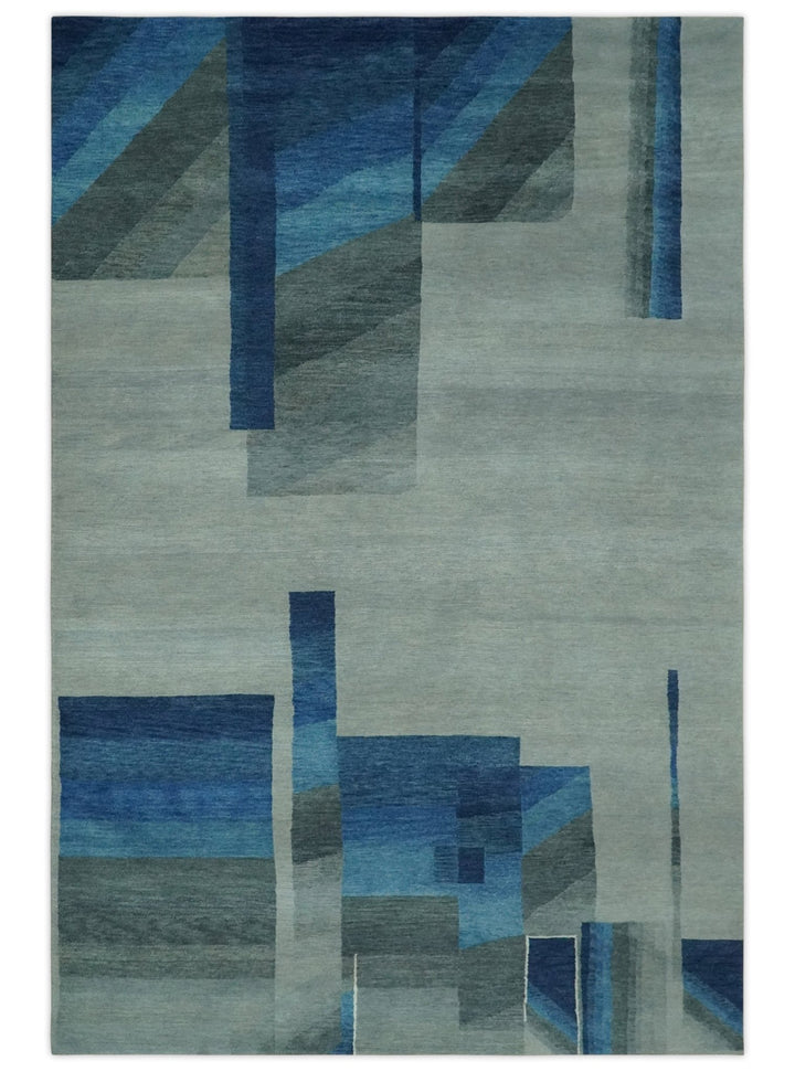 Modern Geometrical Silver, Blue, and Charcoal Hand Knotted 6x9 Wool and Art Silk Area Rug - The Rug Decor