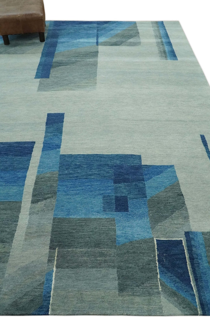 Modern Geometrical Silver, Blue, and Charcoal Hand Knotted 6x9 Wool and Art Silk Area Rug - The Rug Decor