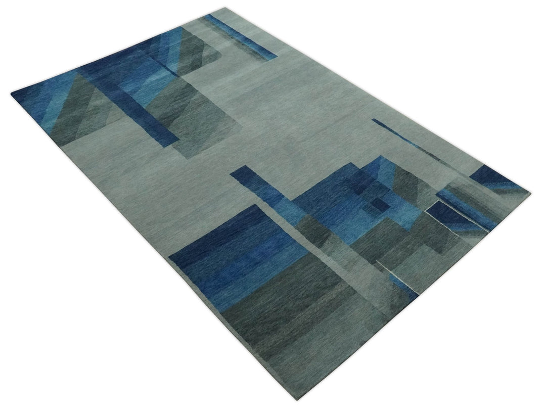 Modern Geometrical Silver, Blue, and Charcoal Hand Knotted 6x9 Wool and Art Silk Area Rug - The Rug Decor