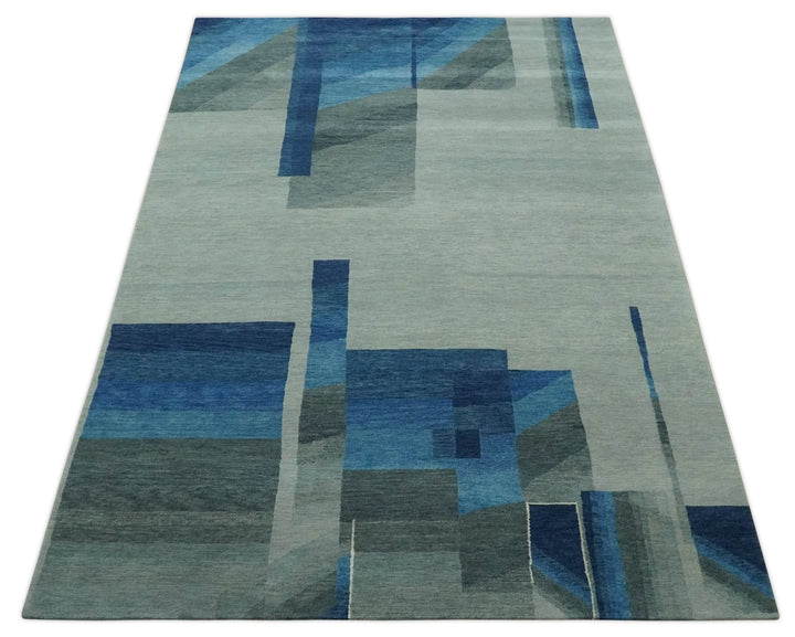 Modern Geometrical Silver, Blue, and Charcoal Hand Knotted 6x9 Wool and Art Silk Area Rug - The Rug Decor