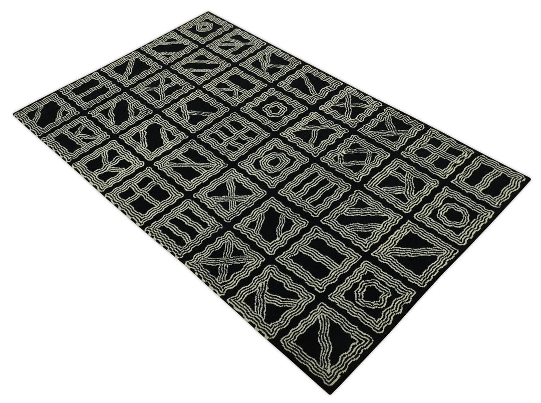 Modern Geometrical Square design Black and Ivory 5x8 Hand loom wool area Rug - The Rug Decor