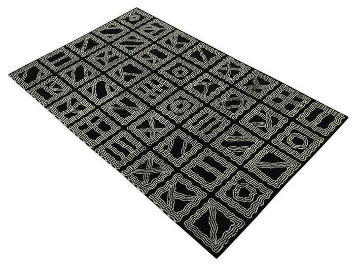 Modern Geometrical Square design Black and Ivory 5x8 Hand loom wool area Rug - The Rug Decor