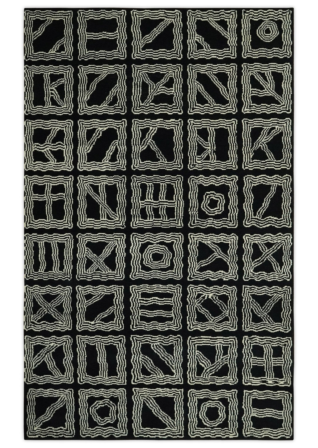 Modern Geometrical Square design Black and Ivory 5x8 Hand loom wool area Rug - The Rug Decor