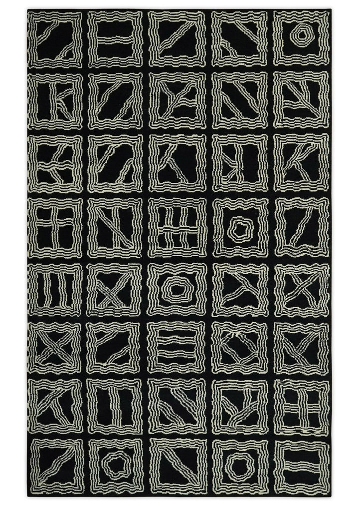 Modern Geometrical Square design Black and Ivory 5x8 Hand loom wool area Rug - The Rug Decor