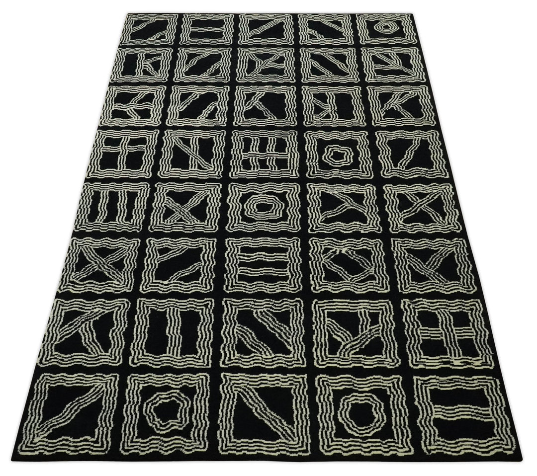 Modern Geometrical Square design Black and Ivory 5x8 Hand loom wool area Rug - The Rug Decor