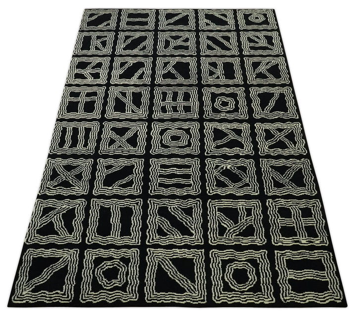 Modern Geometrical Square design Black and Ivory 5x8 Hand loom wool area Rug - The Rug Decor